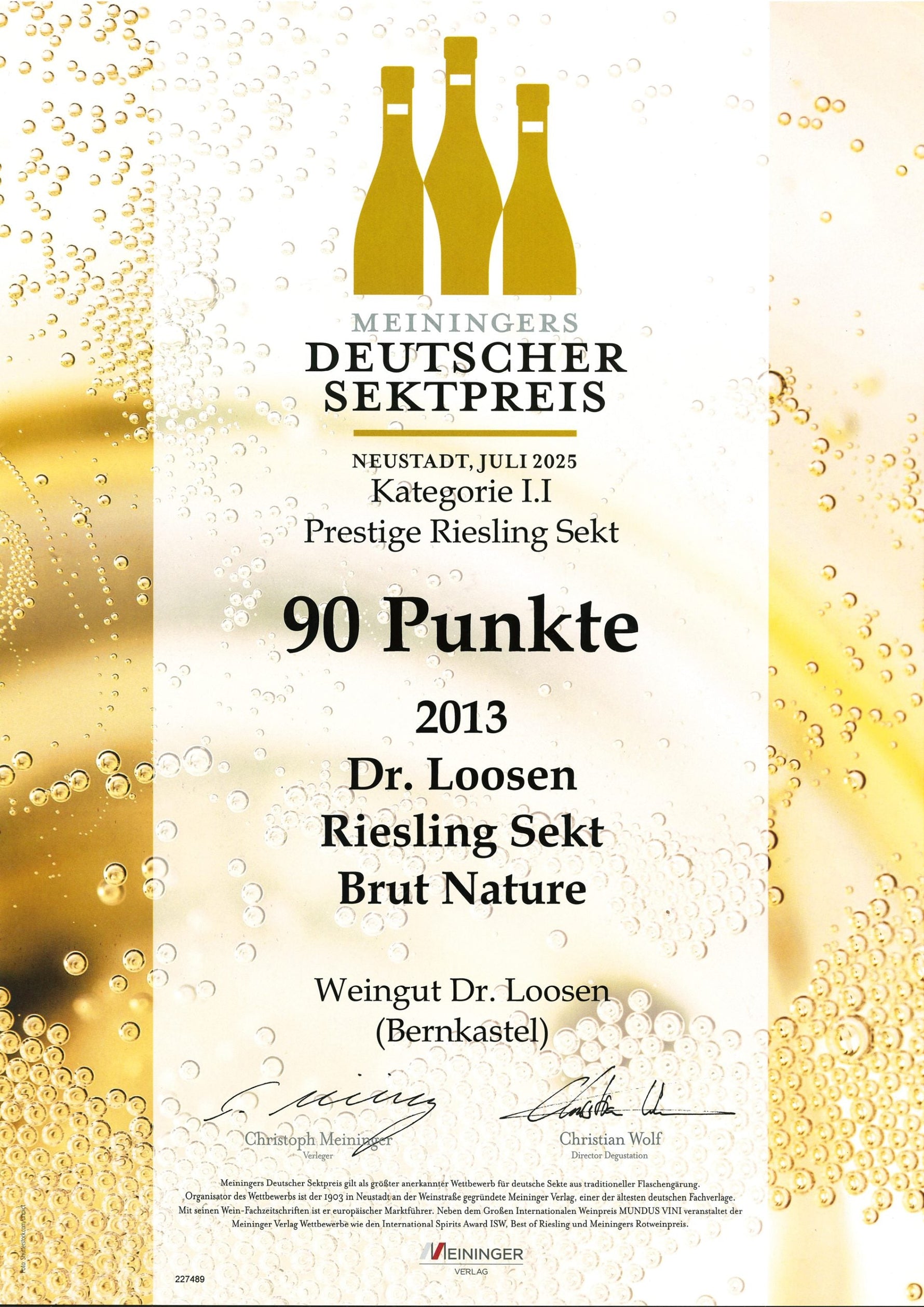 Meiningers Deutscher Sektpreis 2025: 90 Punkte – 2013 Dr. Loosen Riesling Sekt Brut Nature