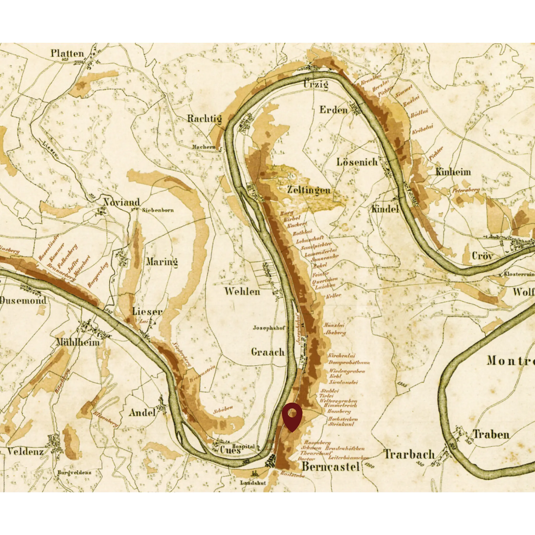 Historische Weinkarte von der Mosel mit Kennzeichnung der Lage Bernkasteler Johannisbruennchen