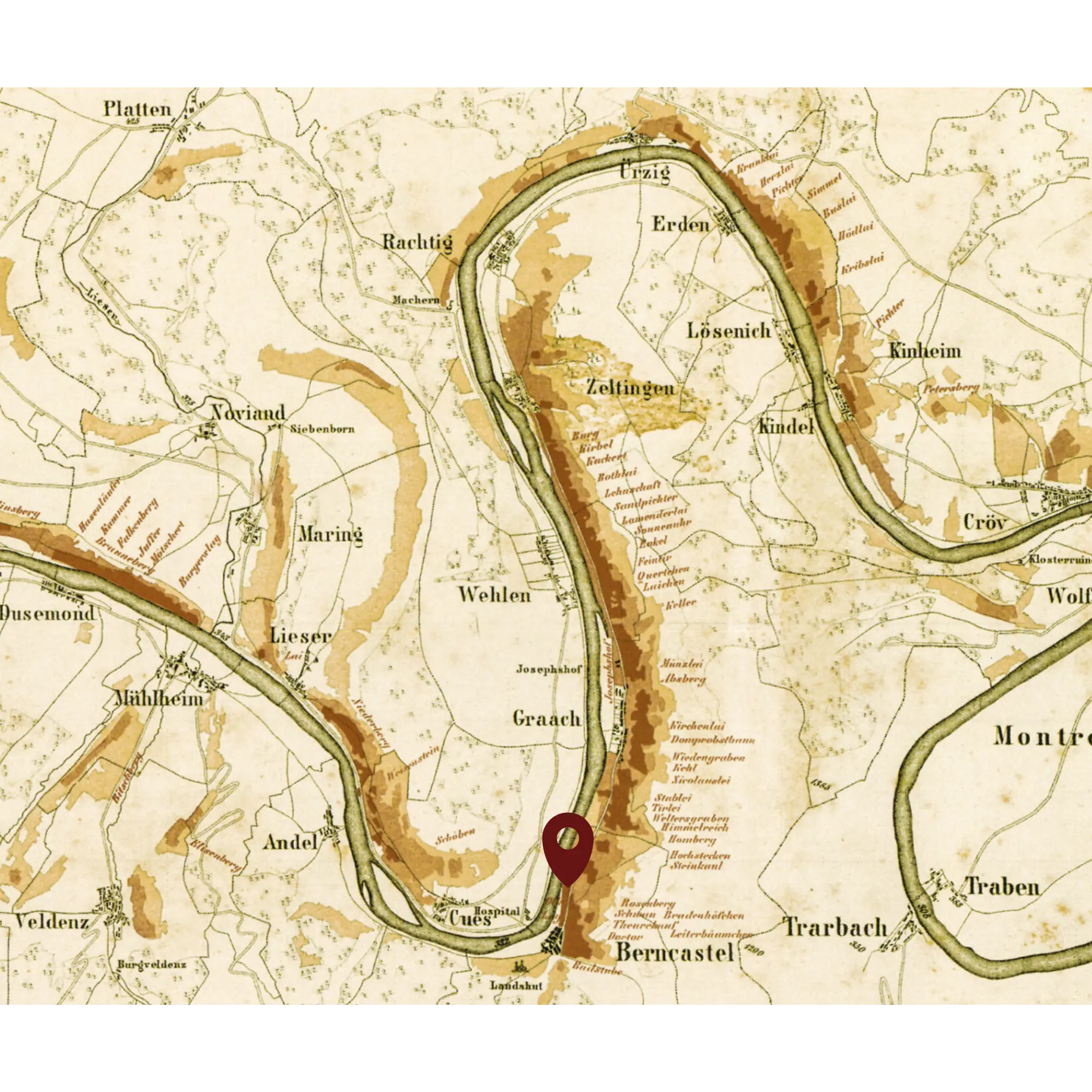 Historische Weinkarte von der Mosel mit Kennzeichnung der Lage Bernkasteler Lay
