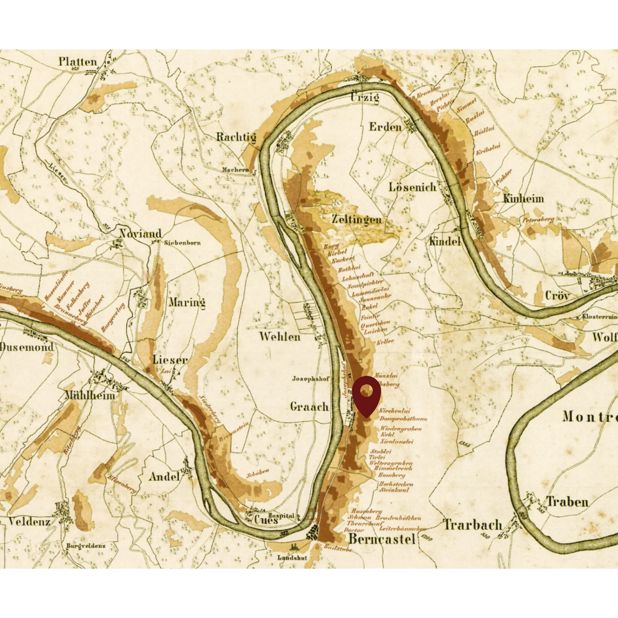 Historische Weinkarte von der Mosel mit Kennzeichnung der Lage Graacher Domprost
