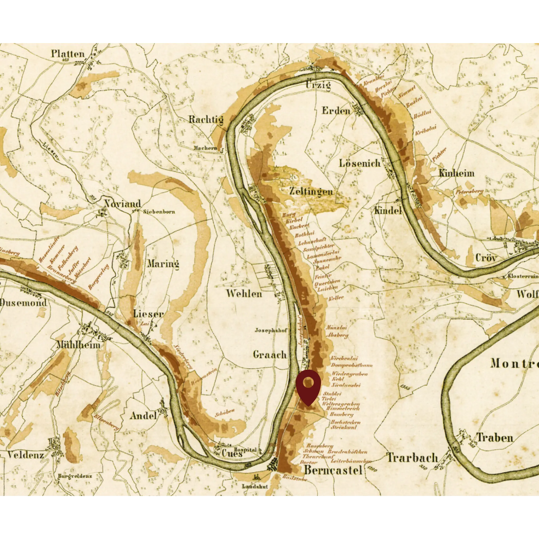 Historische Weinkarte von der Mosel mit Kennzeichnung der Lage Graacher Himmelreich
