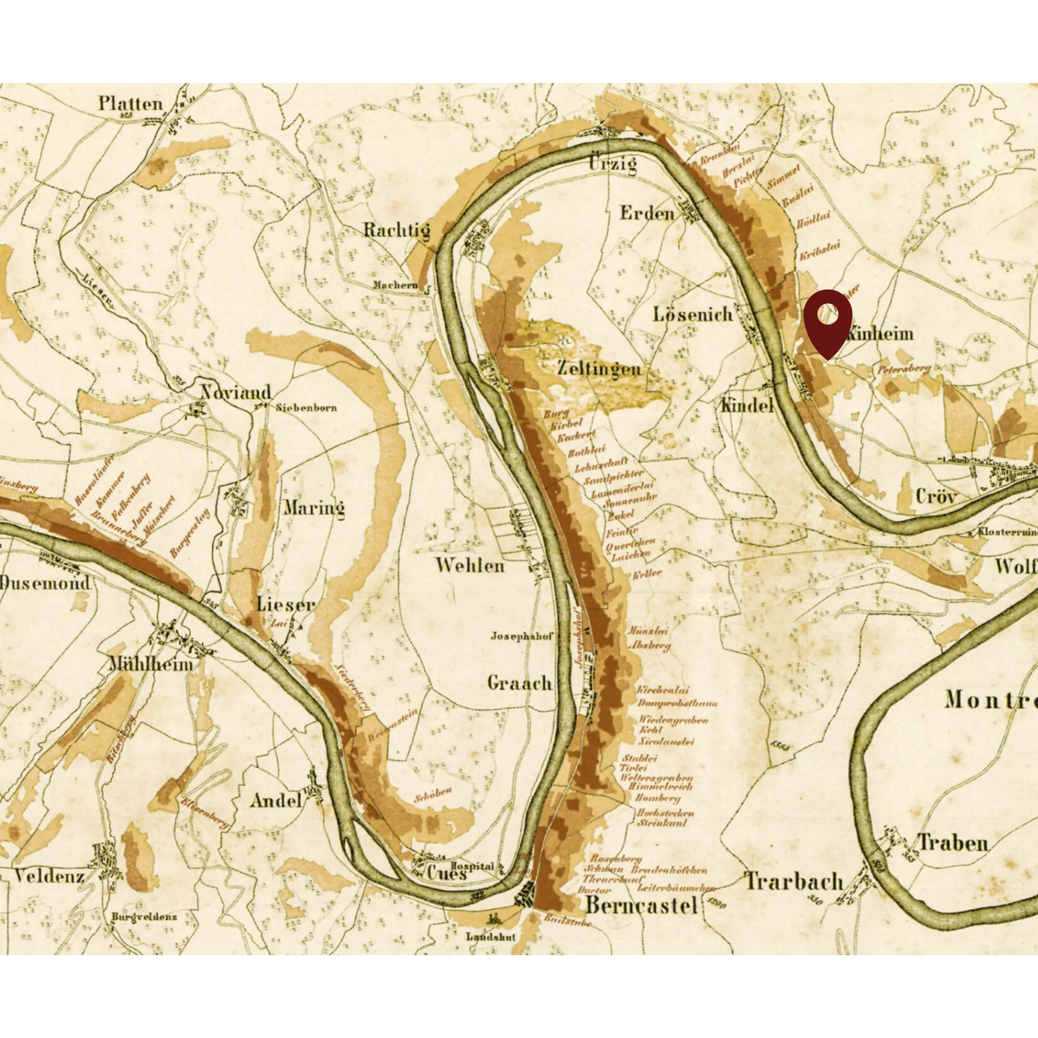 Historische Weinkarte von der Mosel mit Kennzeichnung der Lage Kinheimer 
Rosenberg