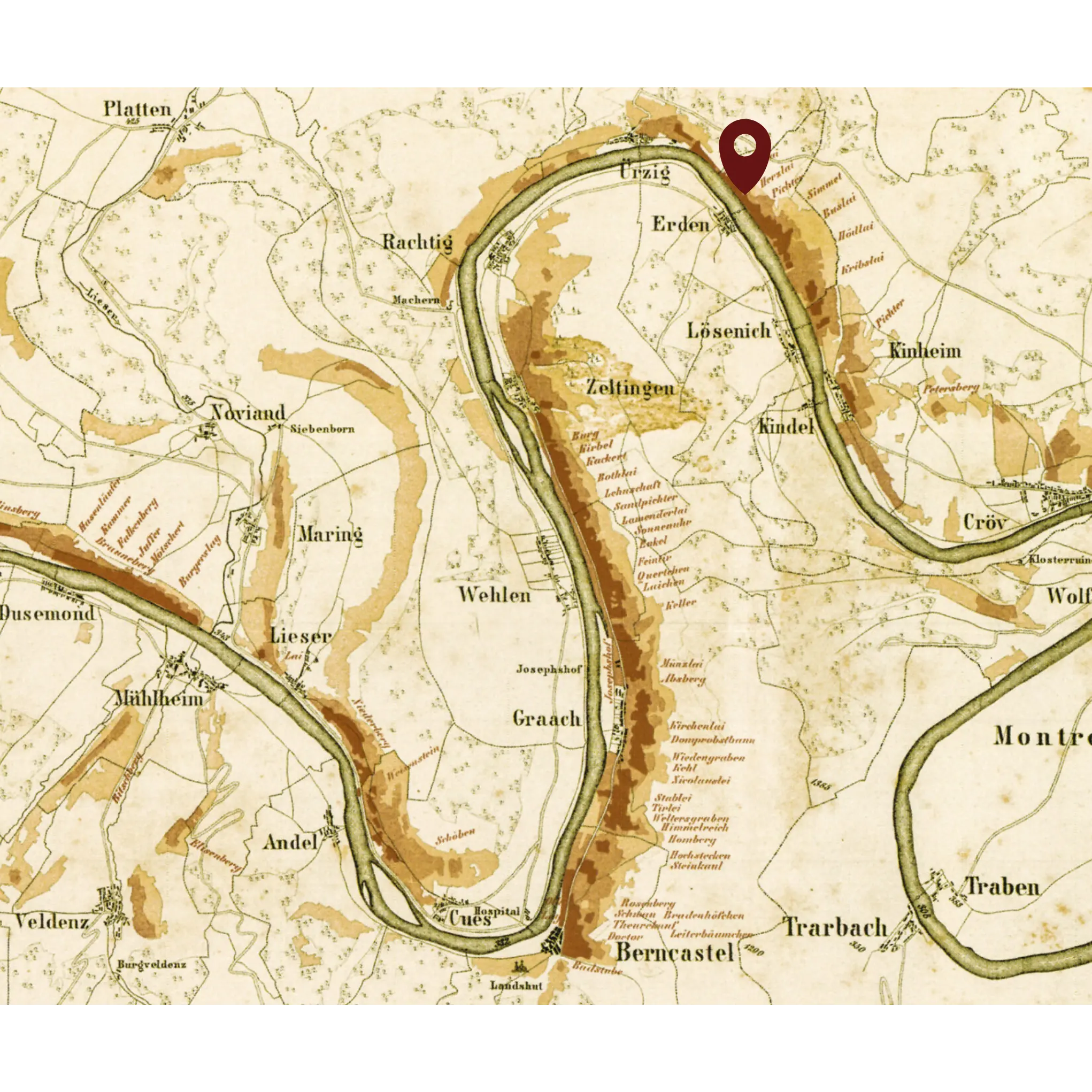 Historische Weinkarte von der Mosel mit Kennzeichnung der Lage Erdener Treppchen
