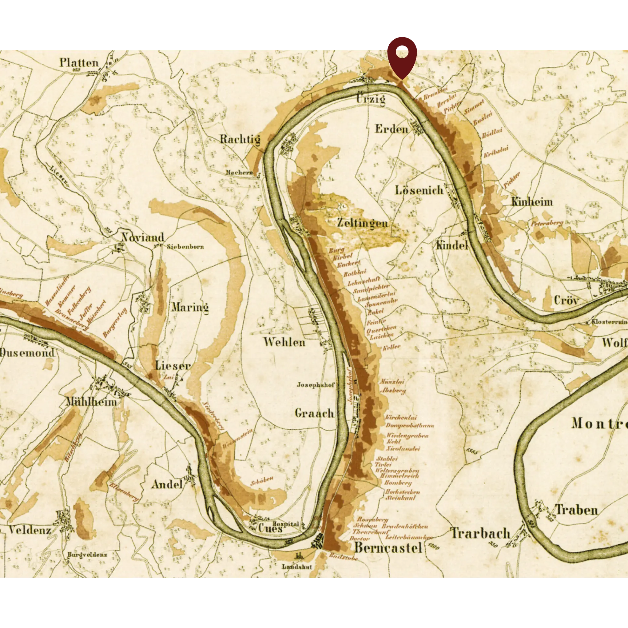 Historische Weinkarte von der Mosel mit Kennzeichnung der Lage Erdenere Prälat