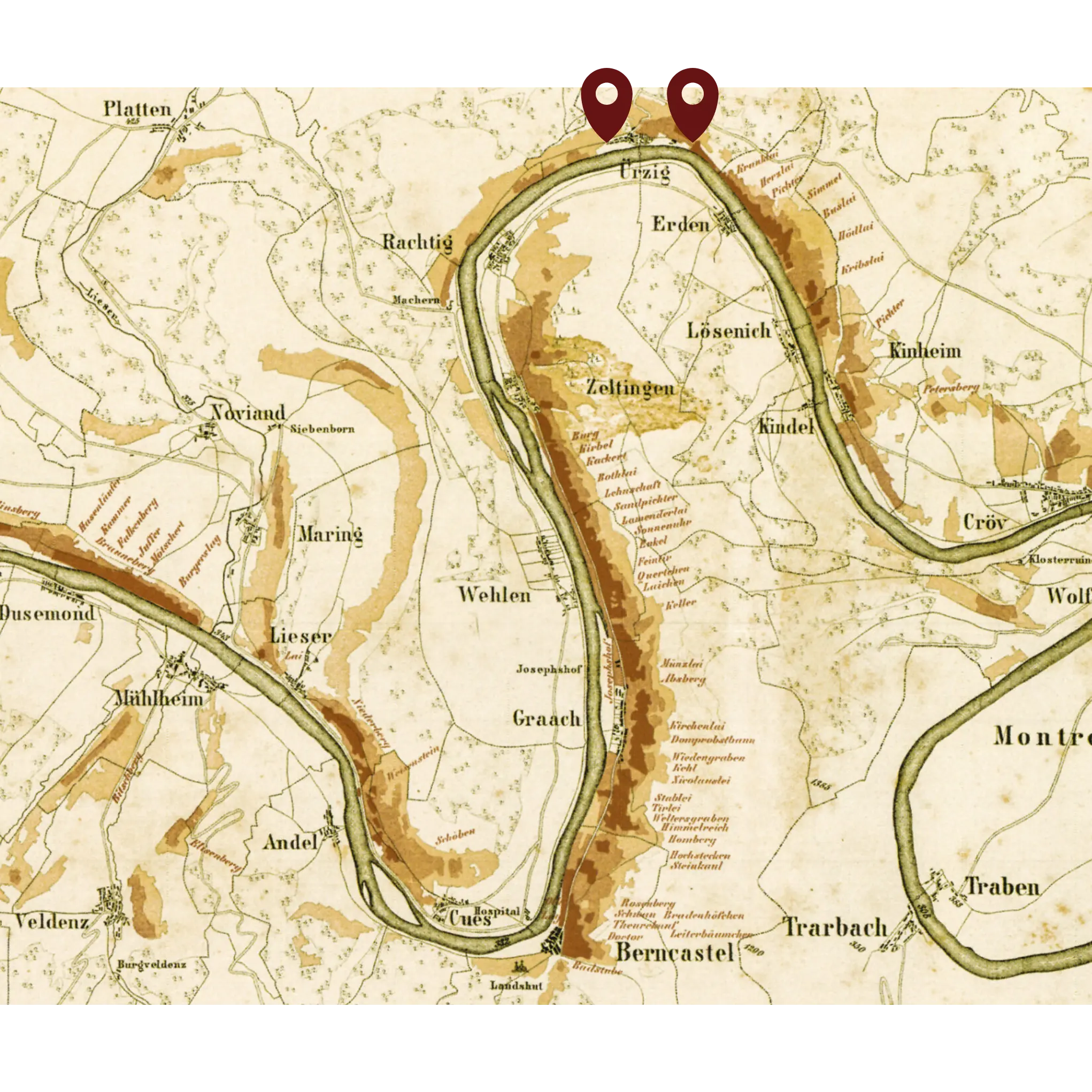 Historische Weinkarte von der Mosel mit Kennzeichnung der Lage Ürziger-Würzgarten
