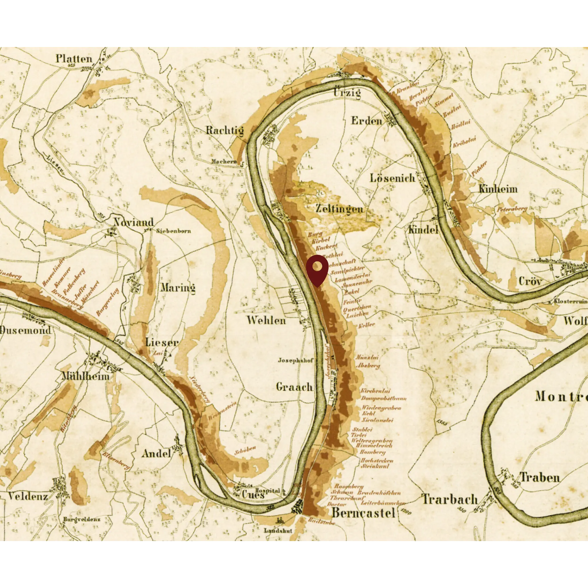 Historische Weinkarte von der Mosel mit Kennzeichnung der Lage Wehlener Sonnenuhr
